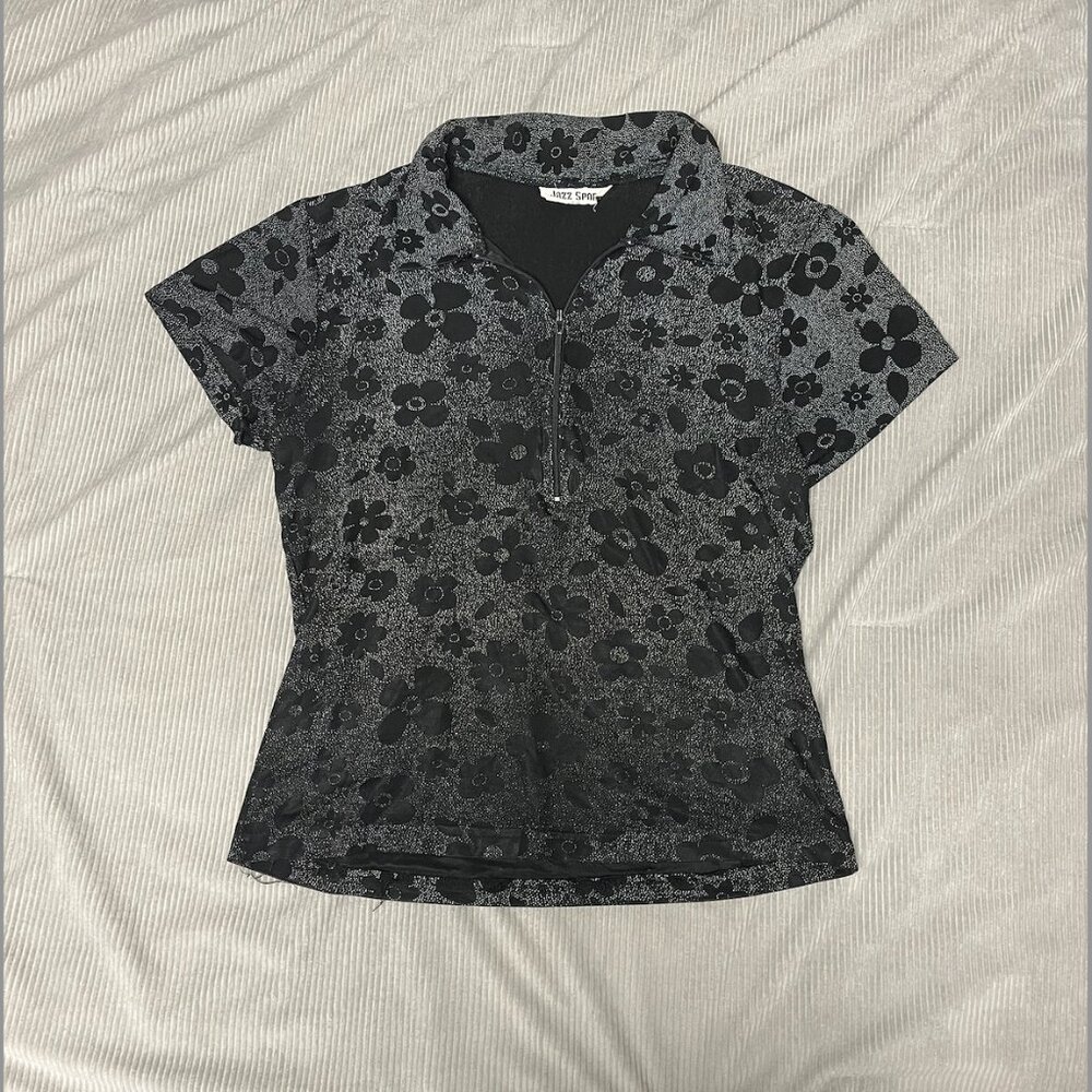 Vintage Black and White Floral Quarter Zip Collared Shirt, Jazz Sport, Size S